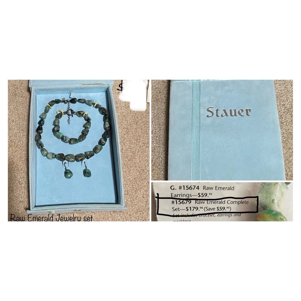 Stauer Raw Emerald Jewelry Set 467ctw Necklace Bracelet Earrings Box & Papers